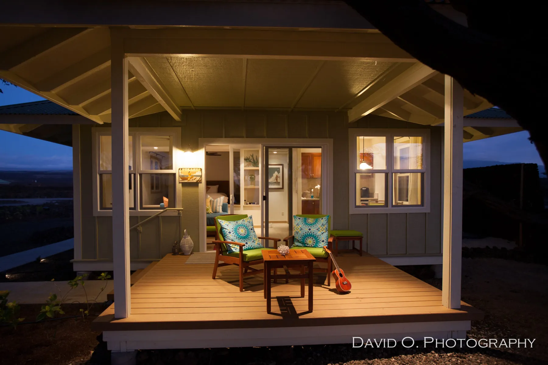 Lava Lava cottage lanai illuminated in the evening